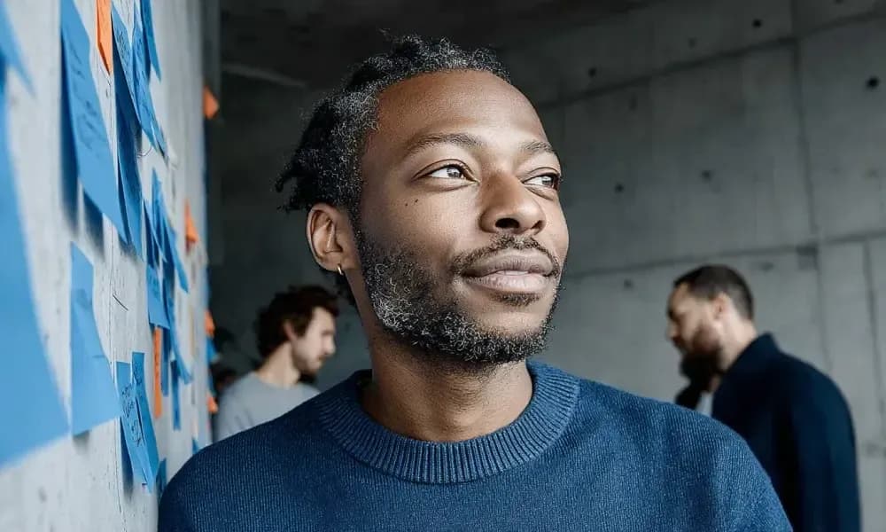 une personne en face d'un mur couvert de post it bleu, regardant vers l'horizon